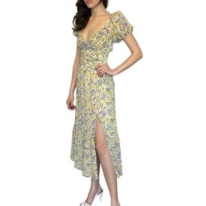 ASTR The Label Dress Womens XS Yellow Floral Puff Sleeve Sweetheart Ruched‎ Midi